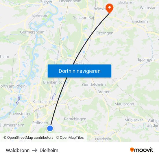 Waldbronn to Dielheim map