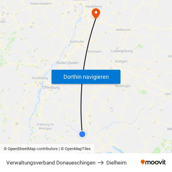 Verwaltungsverband Donaueschingen to Dielheim map