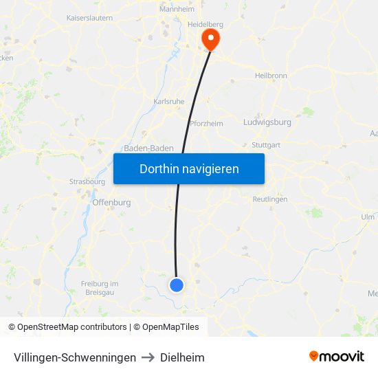 Villingen-Schwenningen to Dielheim map
