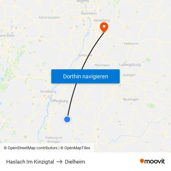Haslach Im Kinzigtal to Dielheim map
