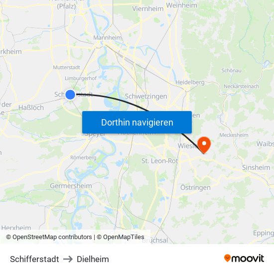 Schifferstadt to Dielheim map