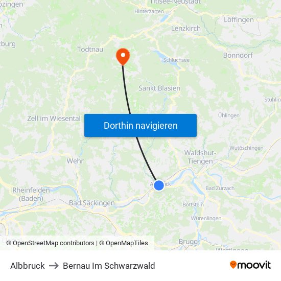 Albbruck to Bernau Im Schwarzwald map