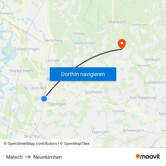 Malsch to Neunkirchen map