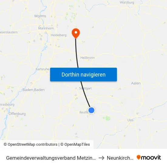 Gemeindeverwaltungsverband Metzingen to Neunkirchen map