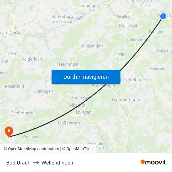 Bad Urach to Wellendingen map