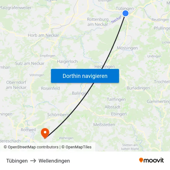 Tübingen to Wellendingen map