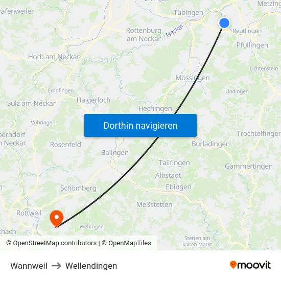 Wannweil to Wellendingen map