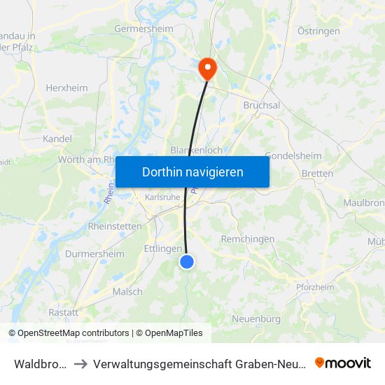 Waldbronn to Verwaltungsgemeinschaft Graben-Neudorf map