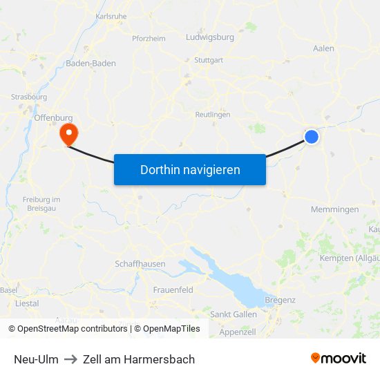 Neu-Ulm to Zell am Harmersbach map