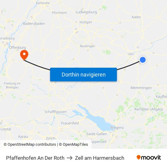 Pfaffenhofen An Der Roth to Zell am Harmersbach map
