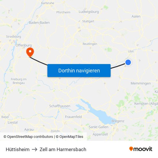 Hüttisheim to Zell am Harmersbach map