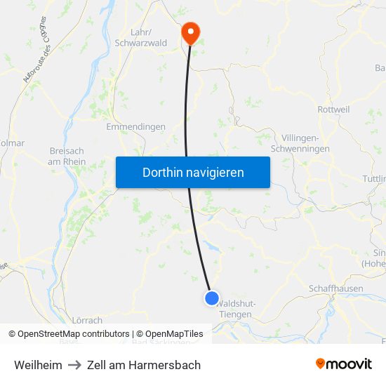 Weilheim to Zell am Harmersbach map