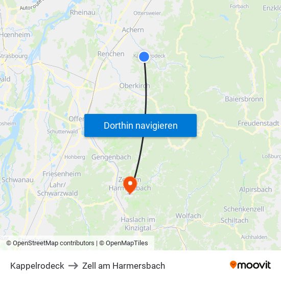Kappelrodeck to Zell am Harmersbach map