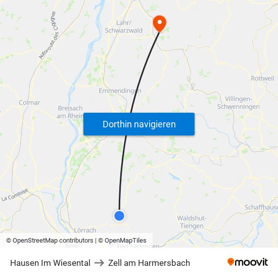 Hausen Im Wiesental to Zell am Harmersbach map