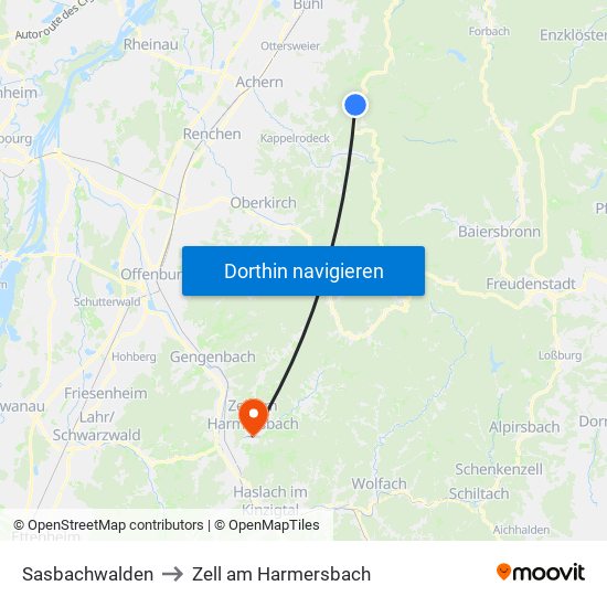 Sasbachwalden to Zell am Harmersbach map