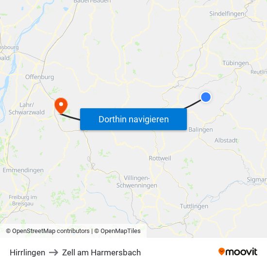 Hirrlingen to Zell am Harmersbach map