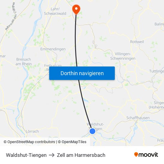 Waldshut-Tiengen to Zell am Harmersbach map
