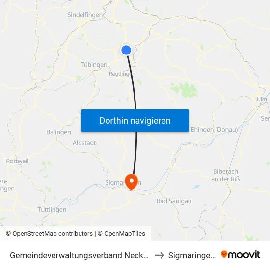 Gemeindeverwaltungsverband Neckartenzlingen to Sigmaringendorf map