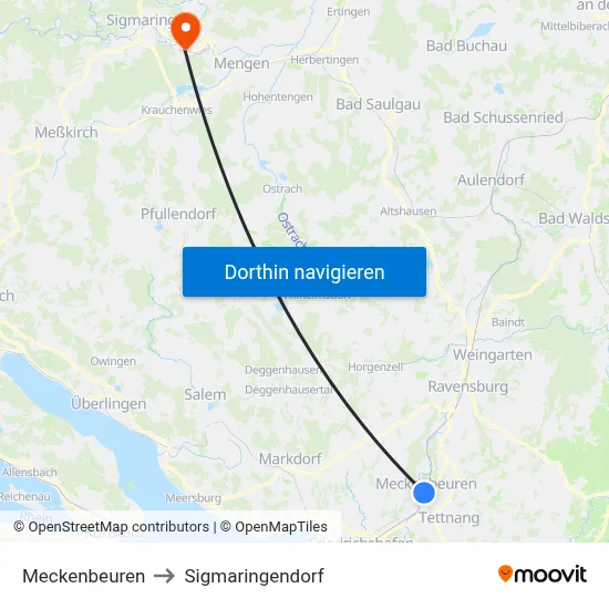 Meckenbeuren to Sigmaringendorf map