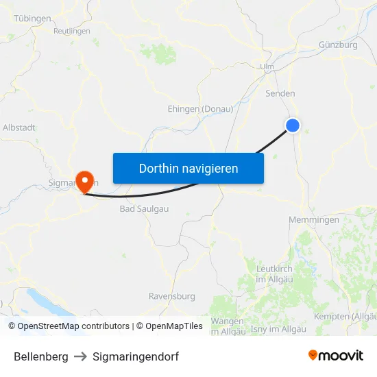 Bellenberg to Sigmaringendorf map