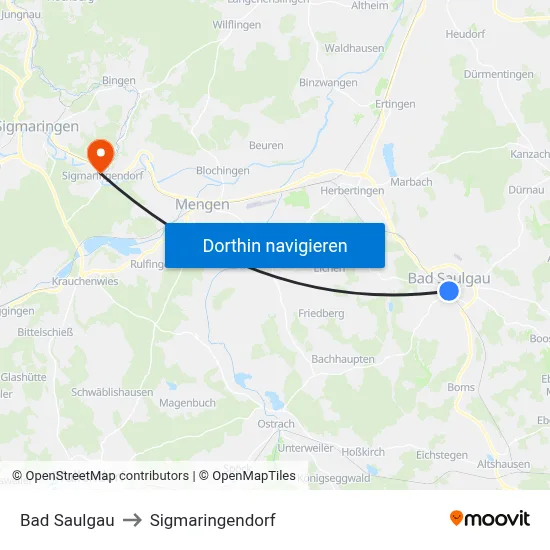 Bad Saulgau to Sigmaringendorf map
