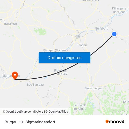 Burgau to Sigmaringendorf map