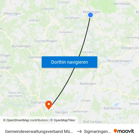 Gemeindeverwaltungsverband Münsingen to Sigmaringendorf map