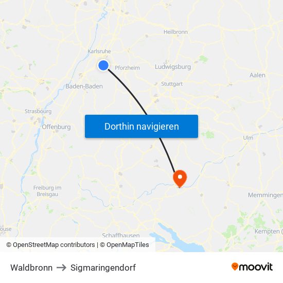 Waldbronn to Sigmaringendorf map