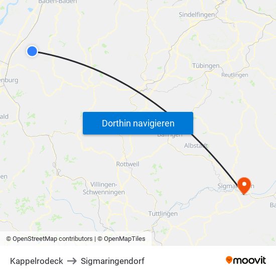 Kappelrodeck to Sigmaringendorf map