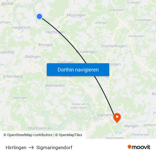 Hirrlingen to Sigmaringendorf map