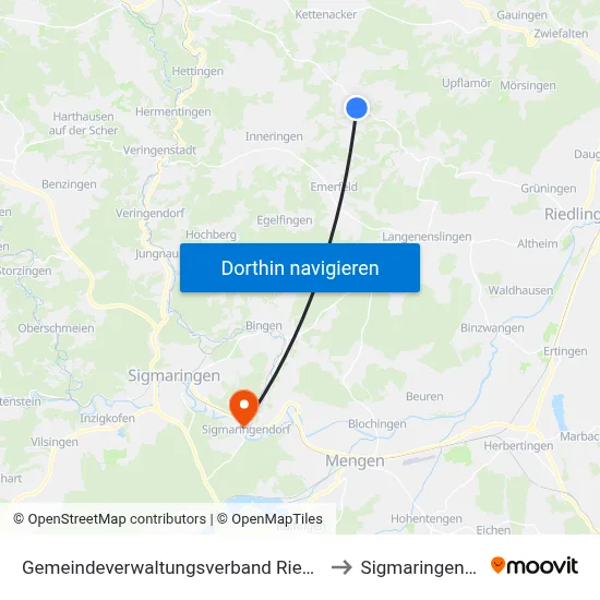 Gemeindeverwaltungsverband Riedlingen to Sigmaringendorf map