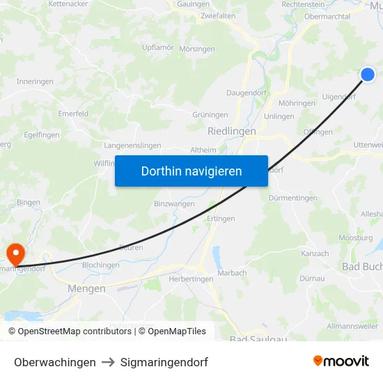 Oberwachingen to Sigmaringendorf map