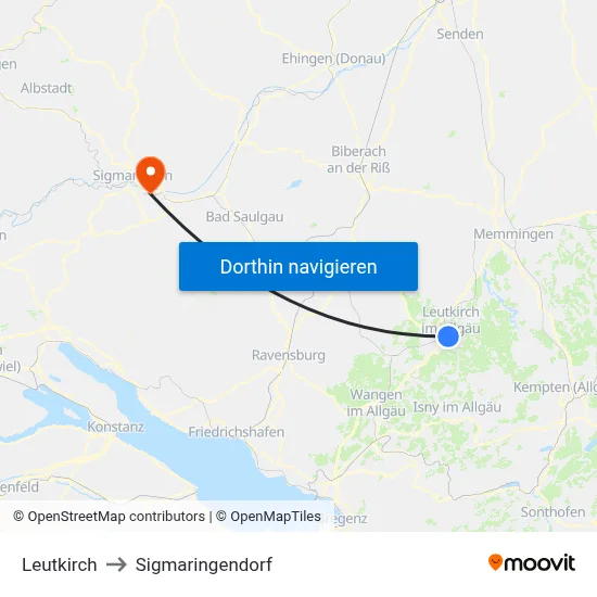 Leutkirch to Sigmaringendorf map
