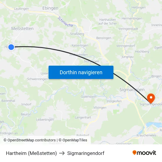 Hartheim (Meßstetten) to Sigmaringendorf map