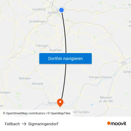 Fellbach to Sigmaringendorf map