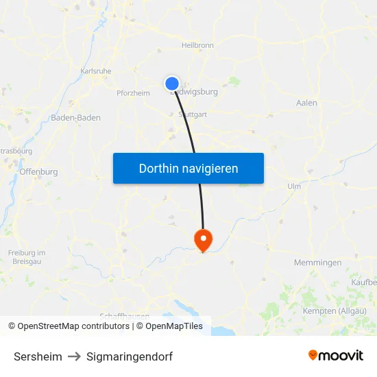 Sersheim to Sigmaringendorf map