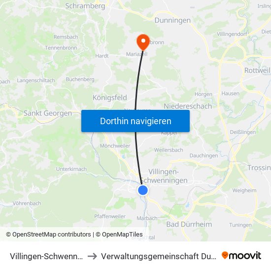 Villingen-Schwenningen to Verwaltungsgemeinschaft Dunningen map