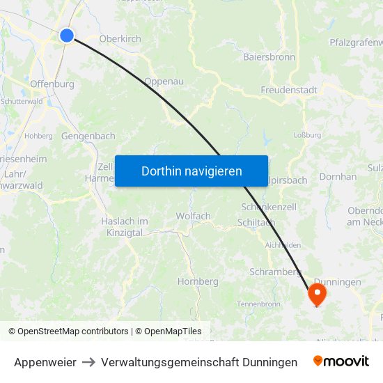 Appenweier to Verwaltungsgemeinschaft Dunningen map