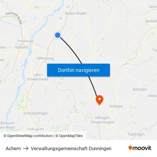 Achern to Verwaltungsgemeinschaft Dunningen map