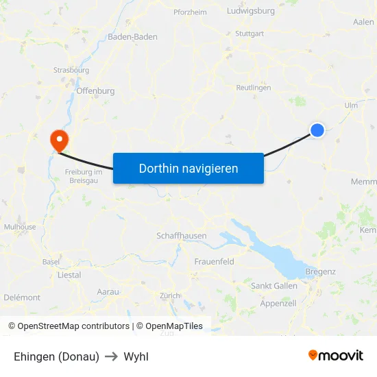 Ehingen (Donau) to Wyhl map