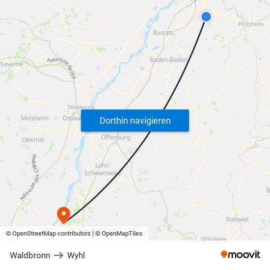 Waldbronn to Wyhl map