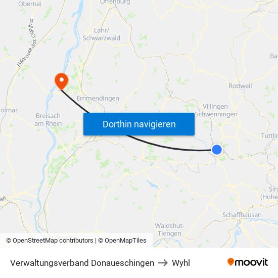 Verwaltungsverband Donaueschingen to Wyhl map