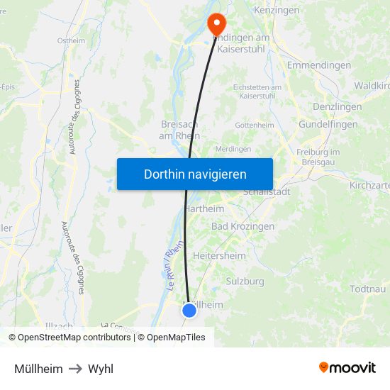 Müllheim to Wyhl map