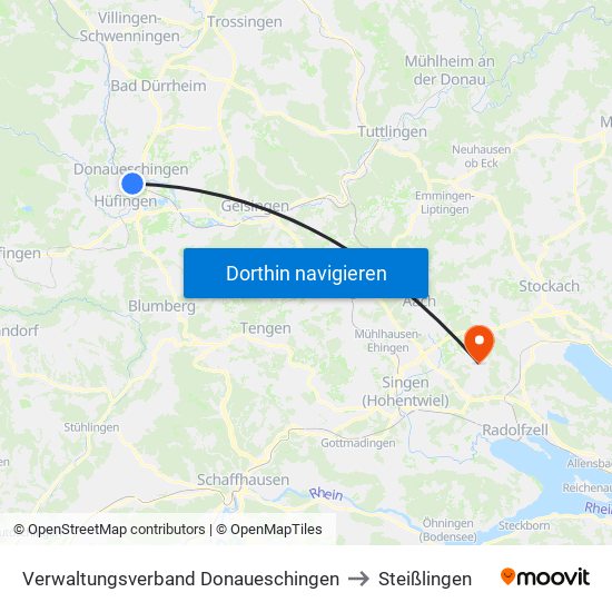 Verwaltungsverband Donaueschingen to Steißlingen map
