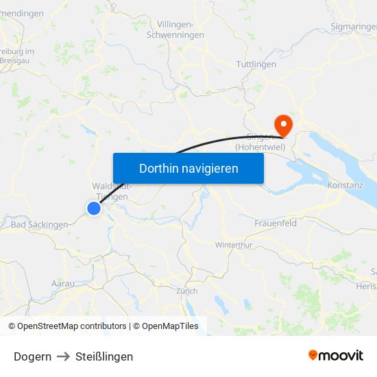 Dogern to Steißlingen map