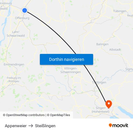 Appenweier to Steißlingen map