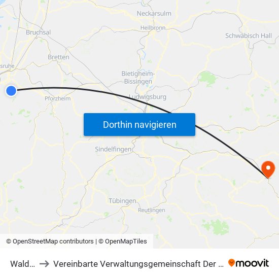 Waldbronn to Vereinbarte Verwaltungsgemeinschaft Der Stadt Geislingen An Der Steige map