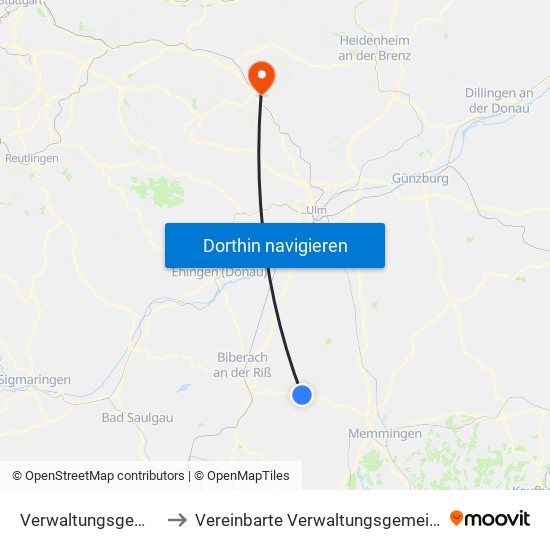 Verwaltungsgemeinschaft Ochsenhausen to Vereinbarte Verwaltungsgemeinschaft Der Stadt Geislingen An Der Steige map