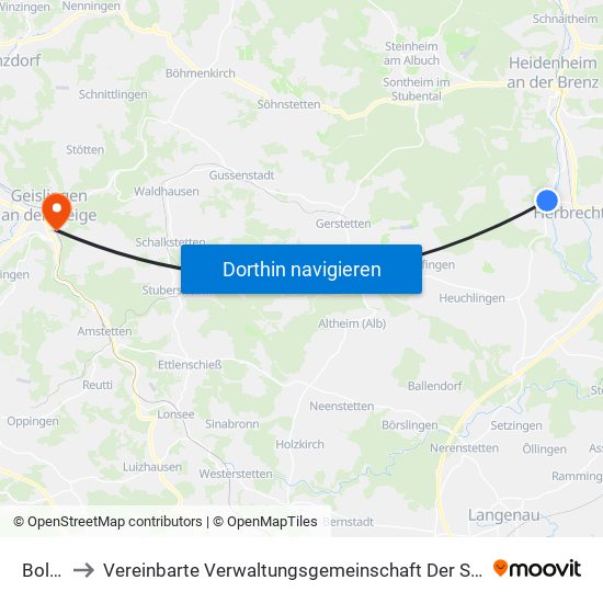 Bolheim to Vereinbarte Verwaltungsgemeinschaft Der Stadt Geislingen An Der Steige map