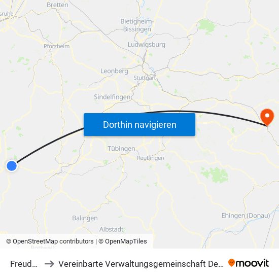 Freudenstadt to Vereinbarte Verwaltungsgemeinschaft Der Stadt Geislingen An Der Steige map